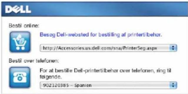Bestil online: Besag Dell-websted for bestilling af printertilbehør. http://Accessories.us.dell.com/sna/Printer5eg.aspx Bestil over telefonen: For at bestille Dell-printertilbehør over telefonen, ring til følgende. 902120385 - Spanien