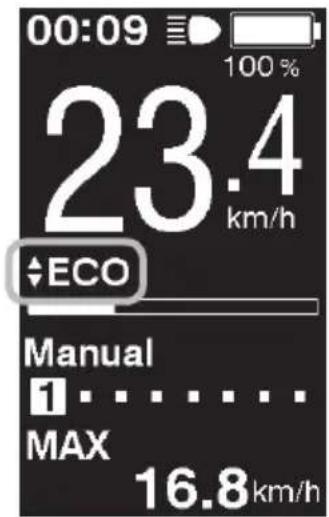 00:09 100 % 23.4 km/h ECO Manual 1 MAX 16.8 km/h