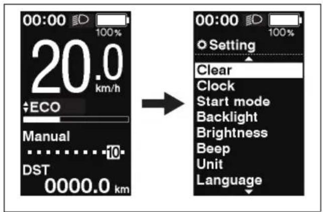 00:00 100% 20.0 km/h ECO Manual 10 DST 0000.0 km 00:00 100% Setting Clear Clock Start mode Backlight Brightness Beep Unit Language