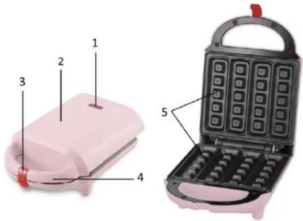 Diagram of a pink waffle maker with labeled parts including tray, handle, and keypad
