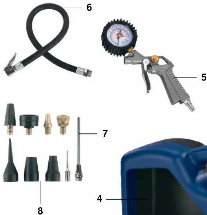 Labeled diagram of automotive air pressure fittings and components, including hose, pressure gauge, spray gun, and various tool parts.