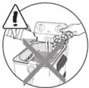Warning symbol with exclamation mark and crossed-out signs, indicating incorrect safety or hazard