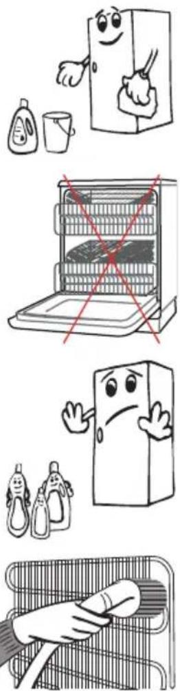 Illustrated guide showing food safety and cleaning issues with cartoon characters and labeled items