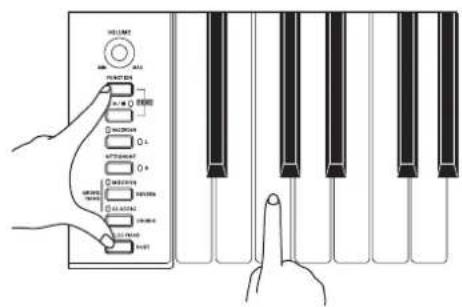 Diagram showing hand operating a piano keyboard with control buttons and keyboard layout, likely for audio or music recording.