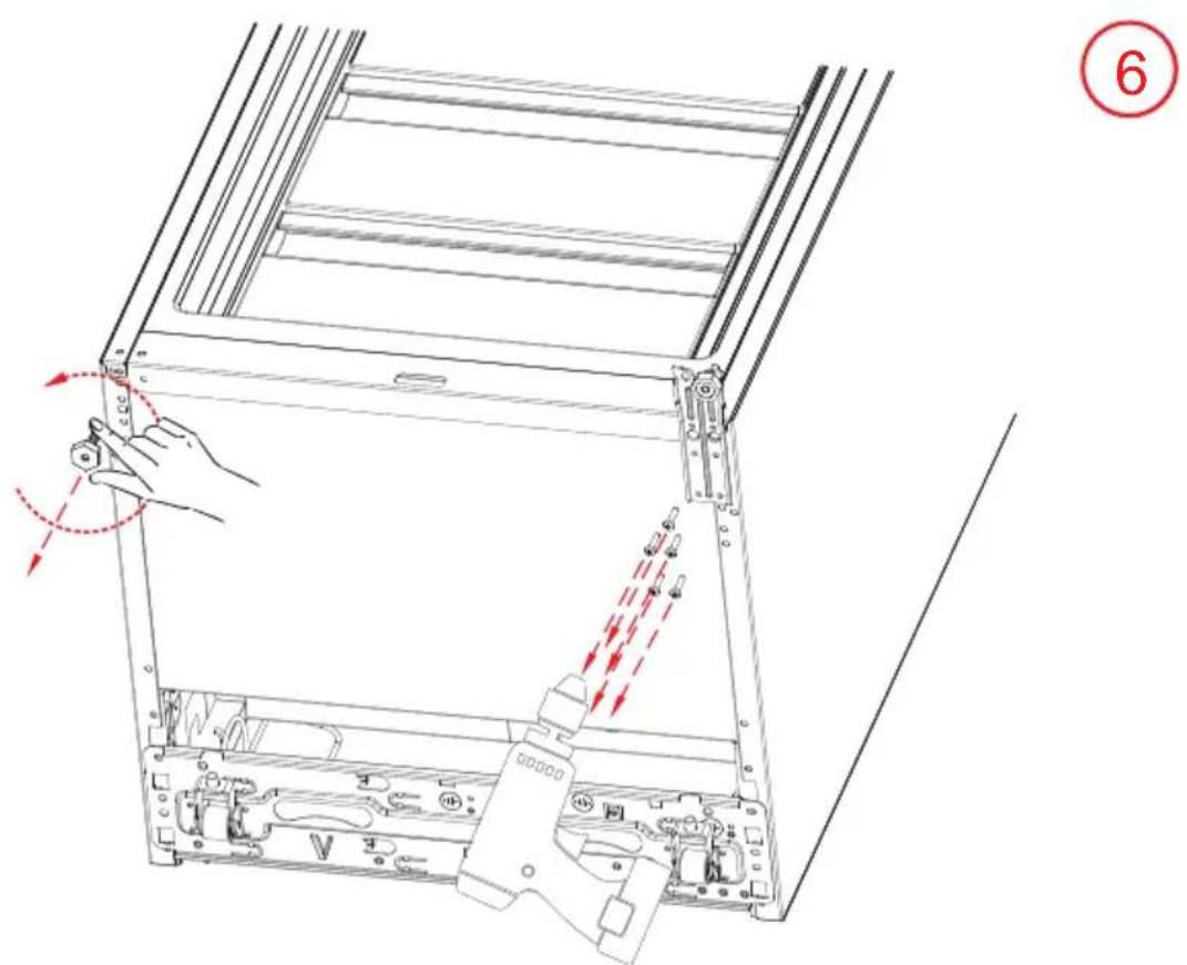 Technical diagram showing a hand operating a laptop frame with red arrows indicating motion and assembly, labeled with number 6.