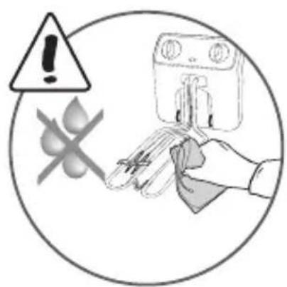 Warning sign with warning triangle, crossed-out food, and hand holding cleaning tools