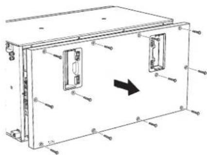 Technical diagram of an electrical enclosure with labeled components and directional arrow indicating motion or movement.