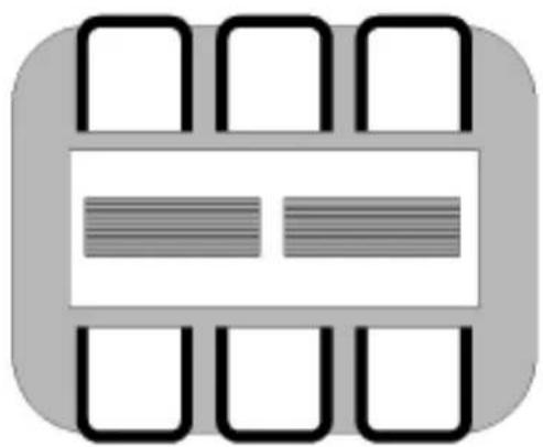 Abstract geometric pattern with black outlines and horizontal stripes inside a rounded square frame (no text or symbols)