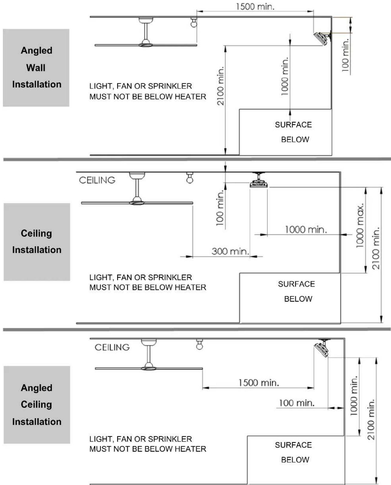 Angled Wall Installation LIGHT, FAN OR SPRINKLER MUST NOT BE BELOW HEATER 2100 min. 1500 min. 100 min. 1000 min. SURFACE BELOW Ceiling Installation CEILING 100 min. 300 min. 1000 min. 1000 max. 2100 min. 1000 min. 2100 min. Light, FAN OR SPRINKLER MUST NOT BE BELOW HEATER SURFACE BELOW Angled Ceilin…