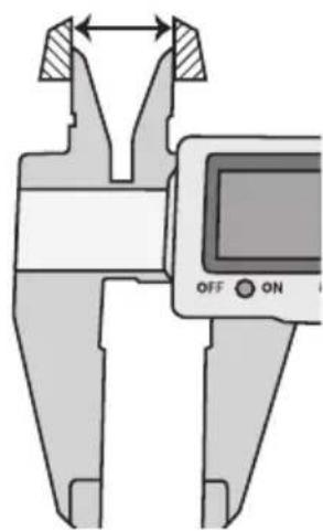 Diagram showing a digital caliper with an ON/OFF button, indicating measurement or operation steps.