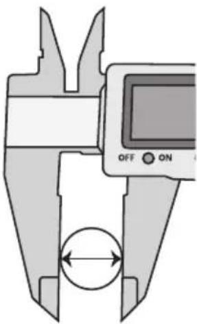 Diagram showing a digital caliper with an ON/OFF button, indicating measurement or calibration adjustment.