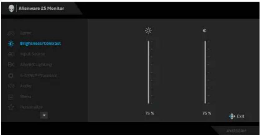 Alienware 25 Monitor Clear Brightness/Contrast Input Source AlienX Lighting G-3Y/NL® Propulsion Audor Mamba Personalize 75 % 75 % Exit AW206AH