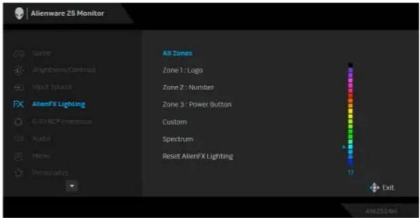 Alienware 25 Monitor All Zones Zone 1: Logo Zone 2: Number Zone 3: Power Button Custom Spectrum Reset AlienFX Lighting Exit