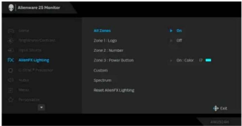 Alienware 25 Monitor Game High分辨率/Contrast Input Source FX AlienFX Lighting C:\SYNC\ Processor Subbit Menu Personalize All Zones Zone 1: Logo Zone 2: Number Zone 3: Power Button Custom Spectrum Reset AlienFX Lighting On Off On: Color 17 Exit AW2524H