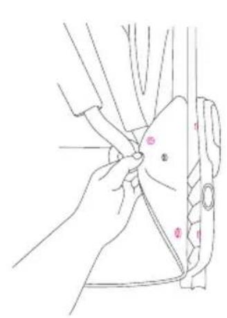 Diagram showing a hand holding a small object with labeled points (1, 2, 3) and numbered markers (1, 2, 3) indicating specific positions or features.