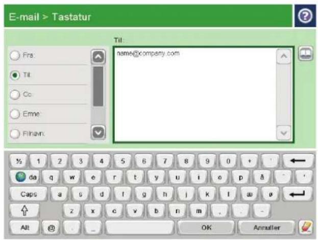 E-mail > Tastatur Til: name@company.com Frs: Tit Co Eme: Flinavn. ½ 1 2 3 4 5 6 7 8 9 0 + da q w e r t y u i o p å Caps a s d f g h j k l æ ø z x c v b n m . - Alt @ - OK Annuller