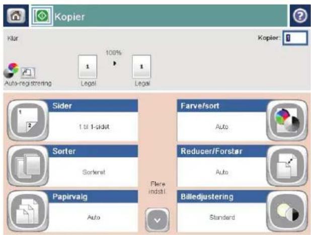 Kopier Klar 100% 1 Auto-registrering Legal Legal Sider 1 til 1-sidet Sorter Sorteret Papirvalg Auto Farve/sort Auto Reducer/Forstar Auto Billedjustering Standard