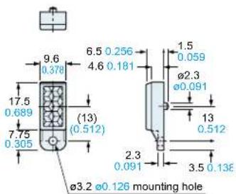 9.6 0.378 17.5 0.689 (13) 0.512 7.75 0.305 6.5 0.256 4.6 0.181 (0.512) 1.5 0.059 ø2.3 ø0.091 13 0.512 2.3 0.091 3.5 0.136 ø3.2 ø0.126 mounting hole