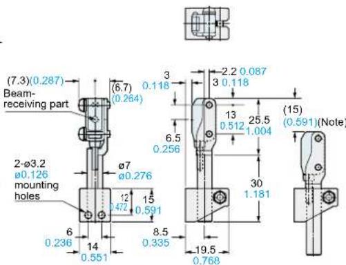 (7.3)(0.287) Beam- receiving part (6.7) (0.264) 2-Ø3.2 Ø0.126 mounting holes Ø7 Ø0.276 12 0.591 14 0.551 6 0.236 8.5 0.335 3 0.118 6.5 0.256 2.2 0.087 3 0.118 13 0.512 25.5 1.004 30 1.181 (15) (0.591)(Note) 19.5 0.768