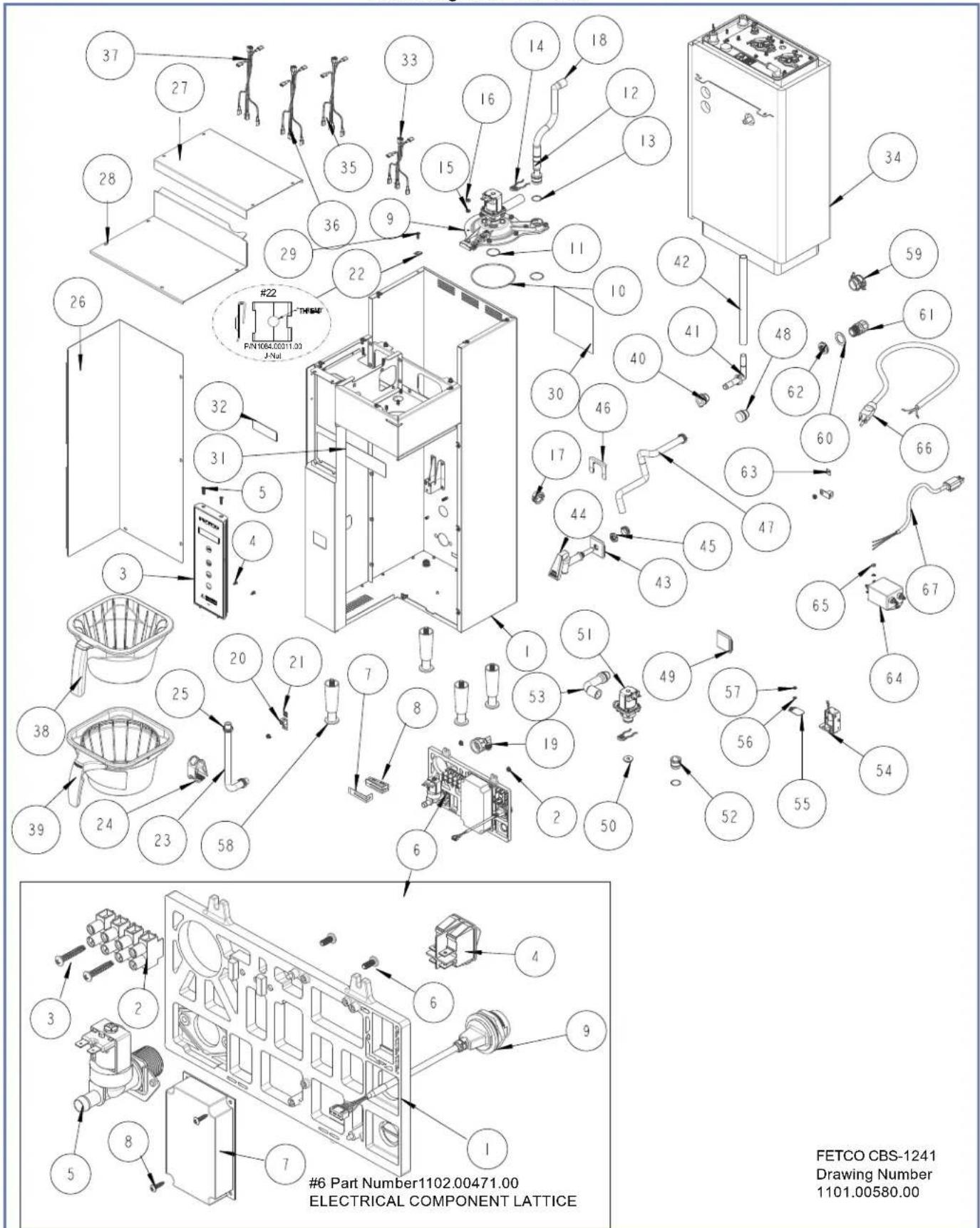 Exploded view diagram of an electrical component lattice with numbered parts and part numbers, including a battery unit and circuitry.
