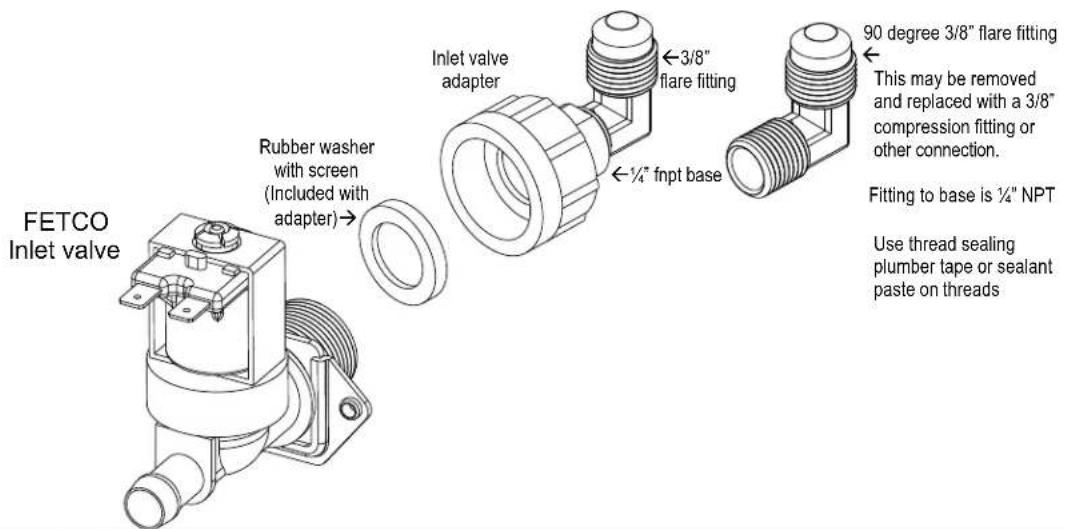 FETCO Inlet valve Rubber washer with screen (Included with adapter) Inlet valve adapter ←3/8" flare fitting ←1/4" fnpt base 90 degree 3/8" flare fitting This may be removed and replaced with a 3/8" compression fitting or other connection. Fitting to base is ¼" NPT Use thread sealing plumber tape or sealant paste on threads