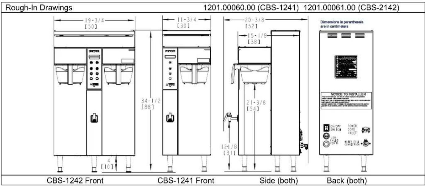 Rough-In Drawings 1201.00060.00 (CBS-1241) 1201.00061.00 (CBS-2142) 19-3/4 [50] 11-3/4 [30] 34-1/2 [88] 20-3/8 [52] 15-1/8 [38] 12-1/8 [31] Dimensions in parentheses are in centimeters CBS-1242 Front CBS-1241 Front Side (both) Back (both) NOTICE TO INSTALLER ON/OFF POWER SWITCH CORD INPUT USER INPUT SATED FILL CONNECTION