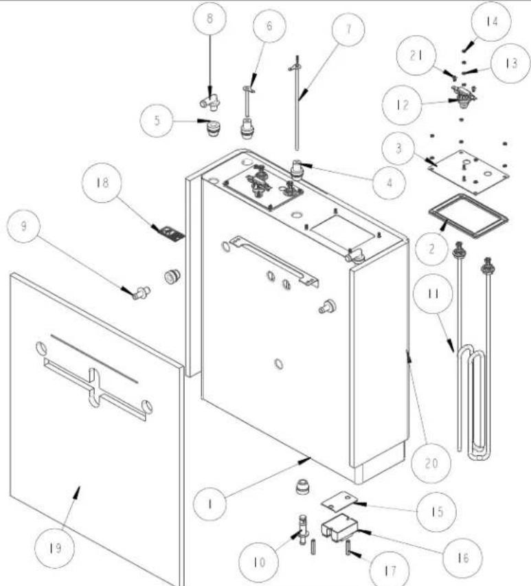 Exploded view diagram of a device with numbered components for assembly or maintenance reference.