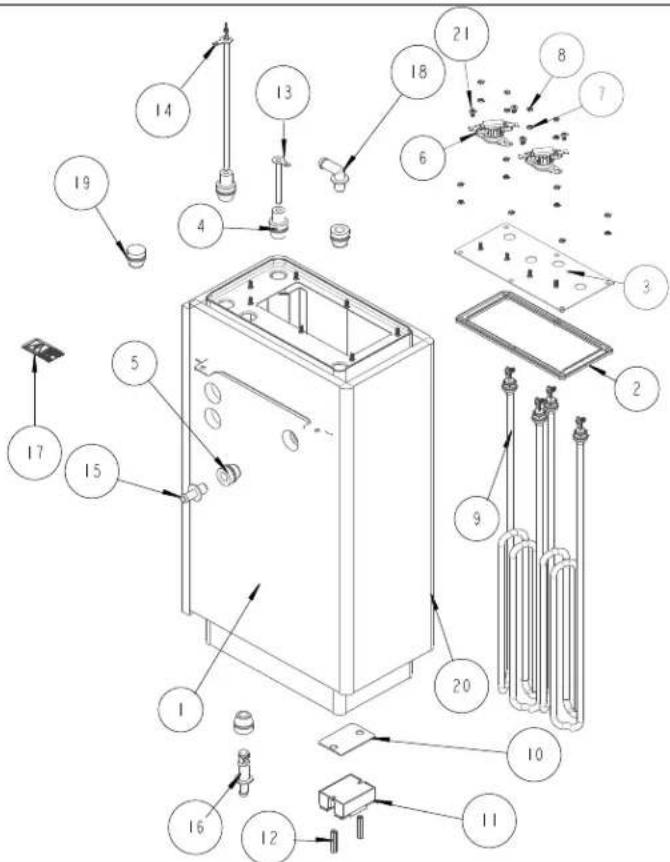 Exploded view diagram of a refrigerator with numbered parts for identification and assembly reference.