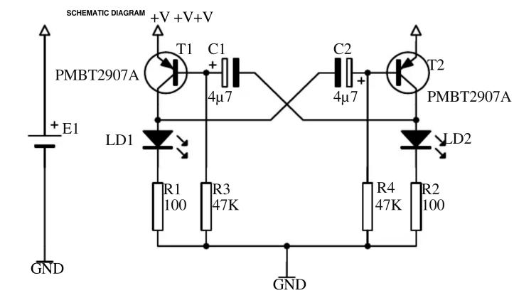 SCHEMATIC DIAGRAM +V +V+V PMBT2907A T1 C1 + 4μ7 C2 + 4μ7 T2 PMBT2907A E1 LD1 LD2 R1 100 R3 47K R4 47K R2 100 GND GND