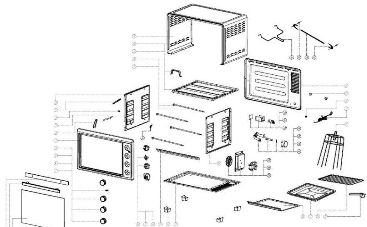 Exploded view diagram of a microwave oven assembly with labeled components and directional arrows indicating flow or movement.