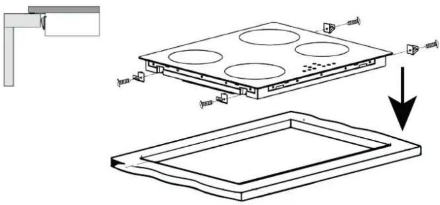 Technical diagram showing assembly of a multi-layered panel with mounting holes and internal components, including a downward arrow indicating assembly or disassembly.