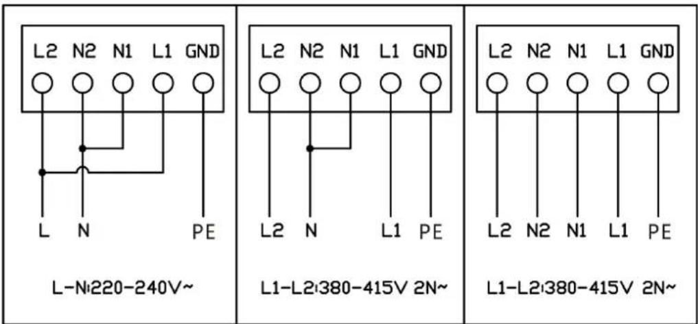 L2 N2 N1 L1 GND L-Ni220-240V~ L2 N2 N1 L1 GND L2 N N1 L1 PE L1-L2:380-415V 2N~ L2 N2 N1 L1 GND L2 N2 N1 L1 PE L1-L2:380-415V 2N~