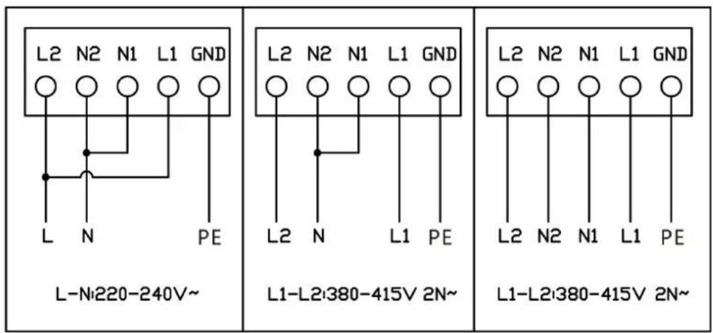 L-Ni220-240V~ L2 N2 N1 L1 GND L2 N2 N1 L1 GND L2 N L1 PE L1-L2i380-415V 2N~ L2 N2 N1 L1 GND L2 N2 N1 L1 PE L1-L2i380-415V 2N~