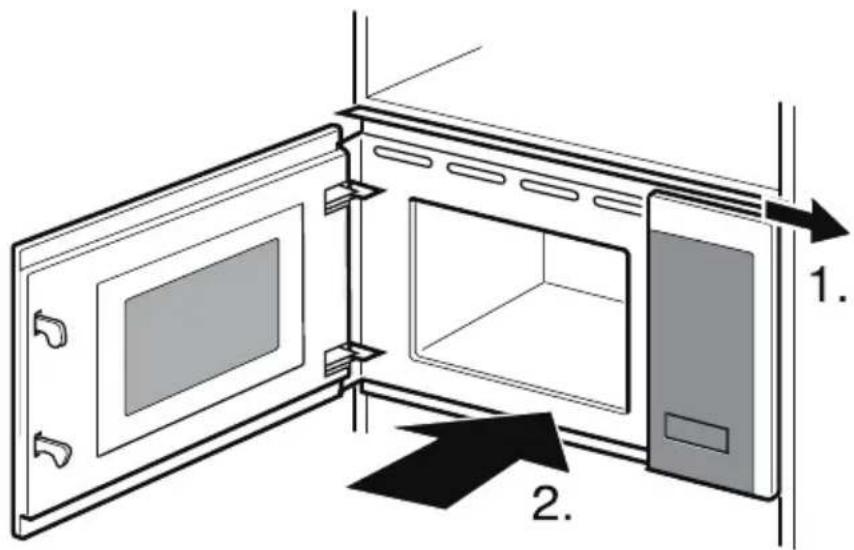Diagram of a microwave oven with labeled parts and directional arrows indicating assembly or installation steps.