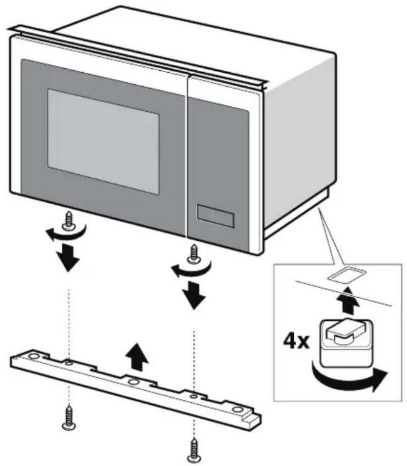 Diagram illustrating the assembly of a microwave oven with screw fasteners and a 4x speed indicator.