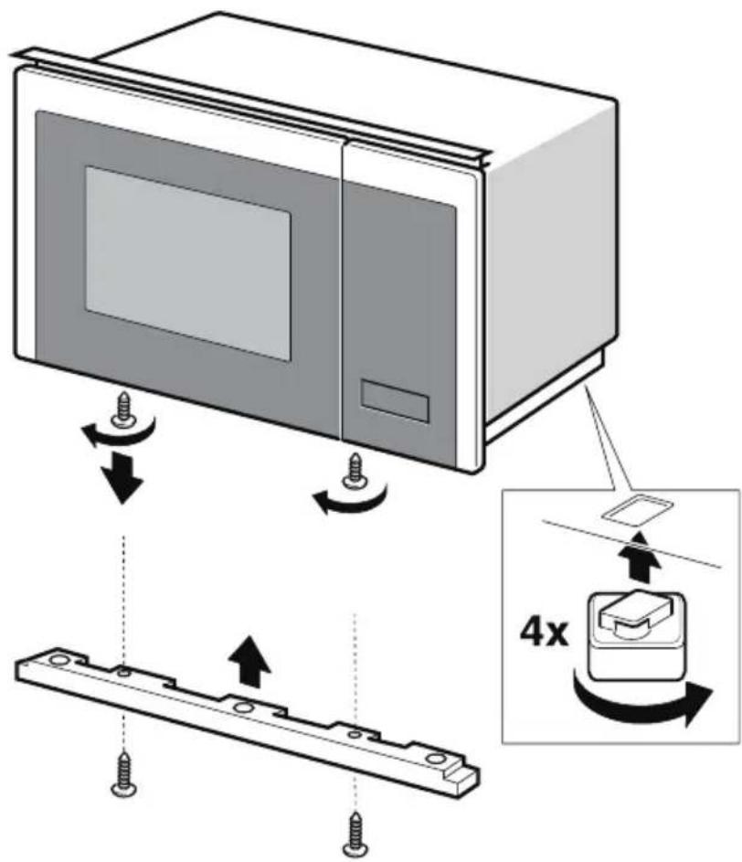 Diagram illustrating the assembly of a microwave oven with screw fasteners and a 4x speed indicator.