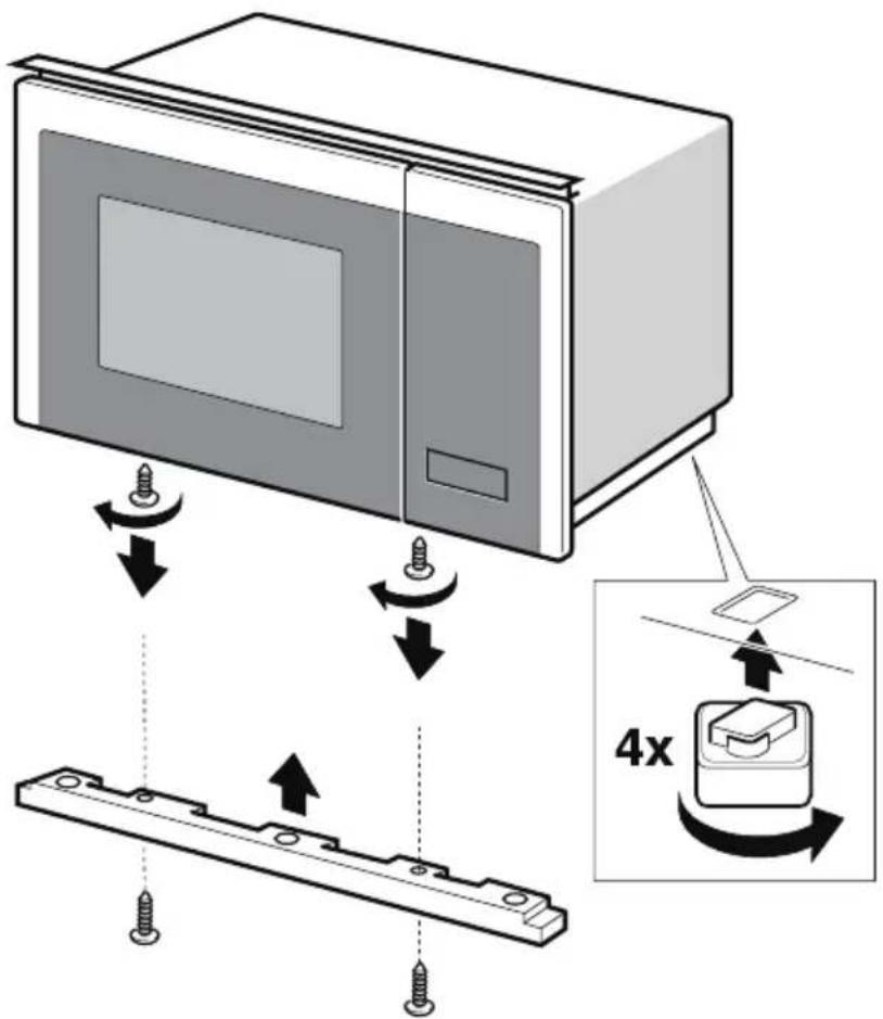 Diagram illustrating the assembly of a microwave oven with screw fasteners and a 4x speed indicator.