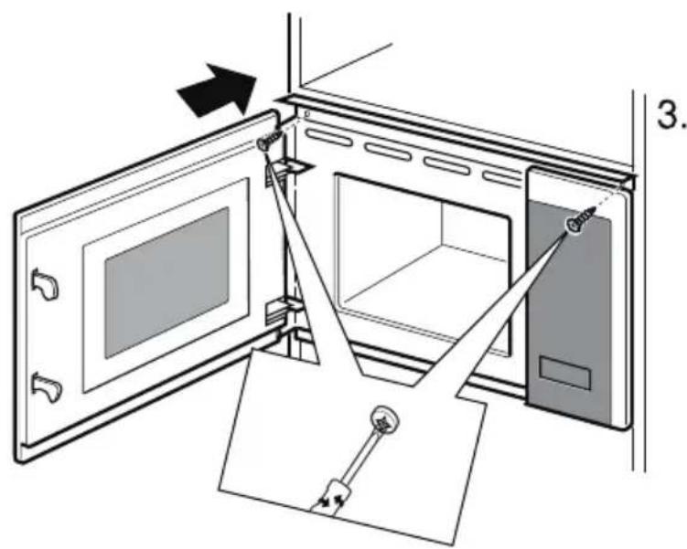 Diagram showing a microwave oven installation with labeled components and directional arrows indicating assembly or movement.