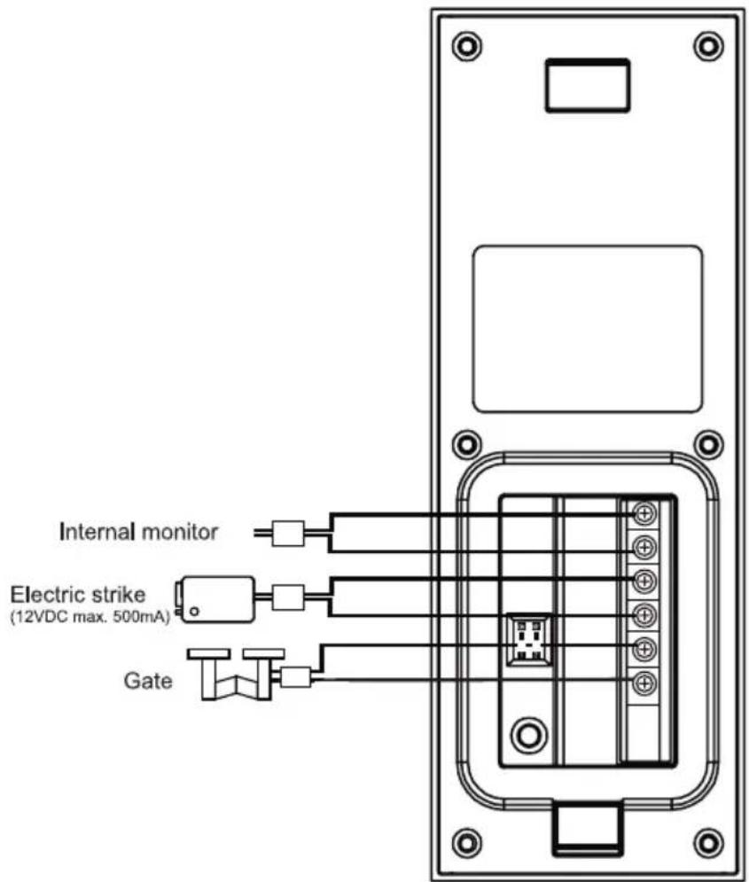 Internal monitor Electric strike (12VDC max. 500mA) Gate