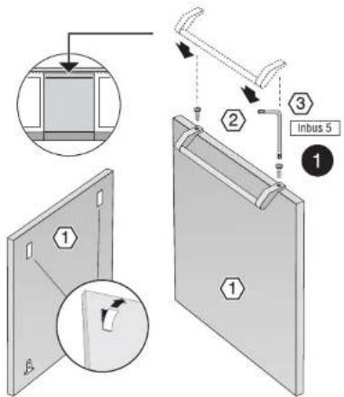 Technical diagram showing assembly steps of a door panel with labeled components and directional arrows indicating assembly direction.