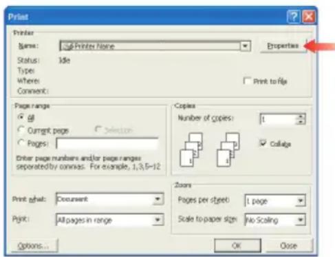 Print Printer Name: Printer Name Status: Idle Type: Where: Comment: Properties Print to file Page range: All Current page Selection Pages: Enter page numbers and/or page ranges separated by commas. For example, 1,3,5-12 Copies Number of copies: 1 Collage Print ghat: Document Print: All pages in range Zoom Pages per sheet: 1 page Scale to paper size: No Scaling Options... OK Close
