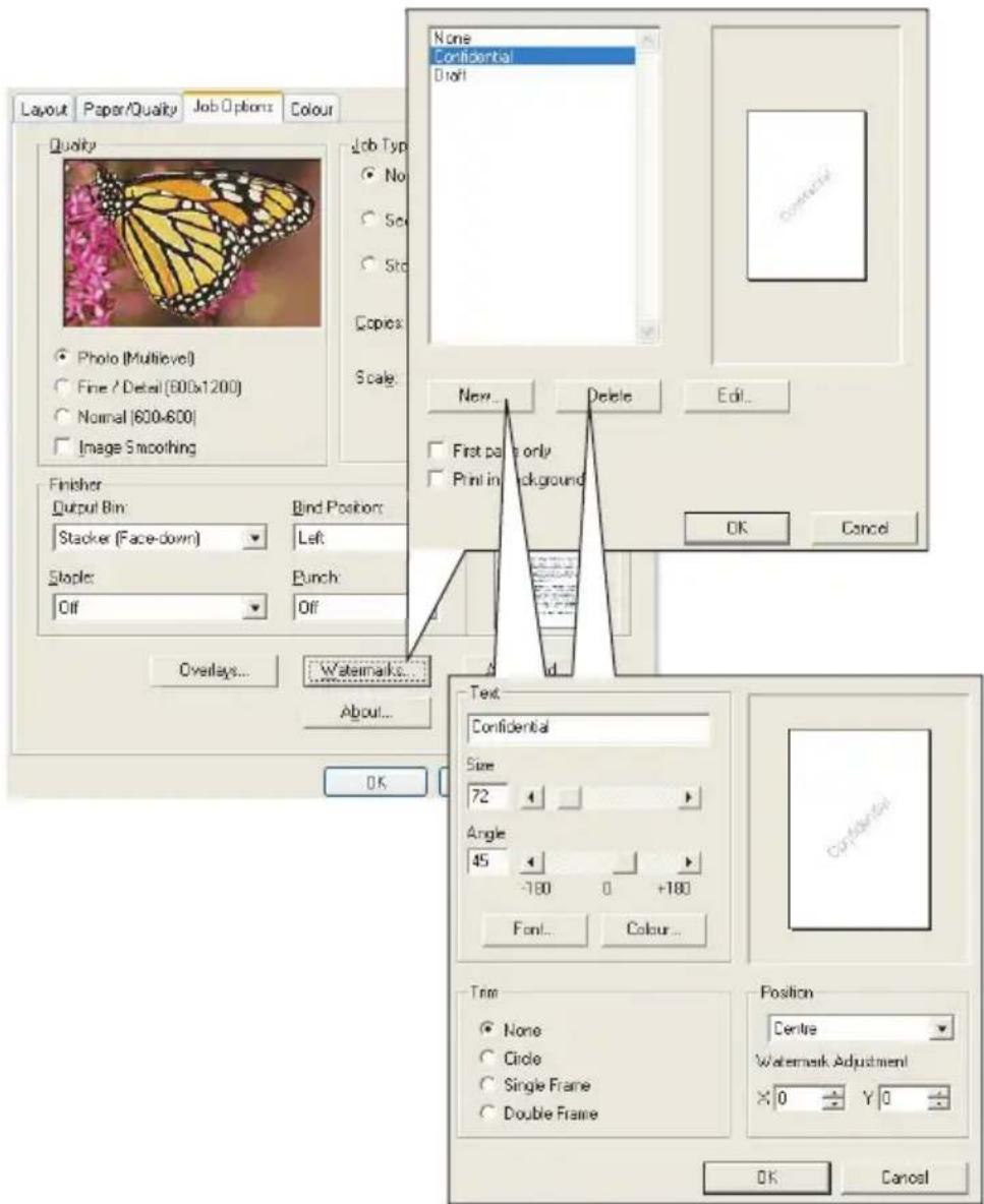 Layout Paper/Quality Job Options Colour Quality Photo (Multilevel) Fine / Detail (600x1200) Normal (600x600) Image Smoothing Finisher Output Bin: Bind Position: Stacker (Face-down) Left Staple: Bunch Off Off Overlays... About... OK None Confidential Draft New... Delete Edit... First pa only Print in background OK Cancel Text Confidential Size 72 Angle 45 -180 0 +180 Font... Colour... True None Circle Single Frame Double Frame Position Centre Watermark Adjustment X: 0 Y: 0 OK Cancel