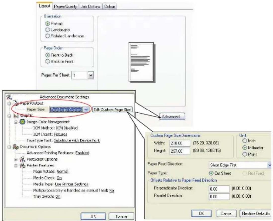 Layout Paper/Quality Job Options Colour Orientation Portrait Landscape Rotated Landscape Page Order Front to Back Back to Front Pages Per Sheet: 1 Advanced Document Settings Paper/Output Paper Size: PostScript Custom Edit Custom Page Size Graphic Image Color Management ICM Method: ICM Disabled ICM Intent: Pictures TrueType Font: Substitute with Device Font Document Options Advanced Printing Features: Enabled PostScript Options Printer Features Page Rotate: Normal Media Check: On Media Type: Use Printer Settings Multipurpose bray is handled as manual feed: No Tray Switch: On Advanced Custom Page Size Dimensions Width: 210.00 (76.20, 328.08) Height: 297.00 (89.96, 1200.15) Unit Inch Millimeter Point Paper Feed Direction: Short Edge First Paper Type: Cut Sheet Roll Feed Offsets Relative to Paper Feed Direction Perpendicular Direction: 0.00 (0.00, 0.00) Parallel Direction: 0.00 (0.00, 0.00) OK Cancel Restore Defaults