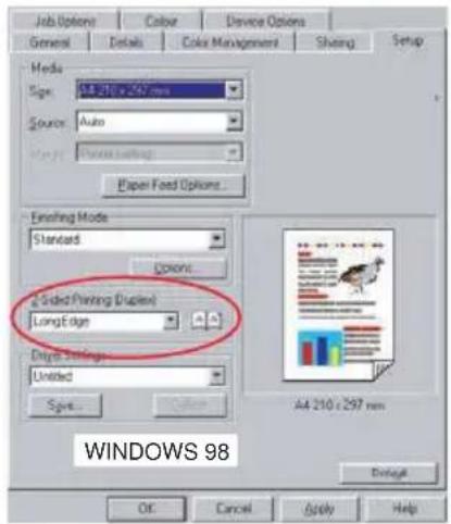 Job Options General Details Color Management Sharing Setup Media Size: A4 210 x 297 mm Source: Auto Paper Feed Options... Enabling Mode Standard Options... 2 Strided Printing (Duplex) LongEdge Origin Settings Unlimited Spin... Options... A4 210 x 297 mm Windows 98 Donegal OK Cancel Apply Help