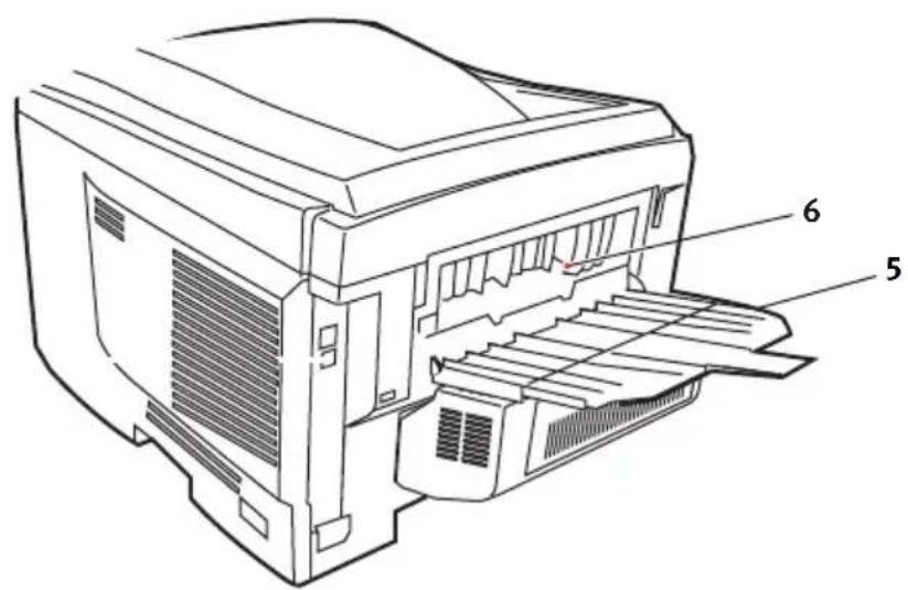 Technical diagram of a printer with labeled parts 5 and 6, showing internal structure and paper feed path.