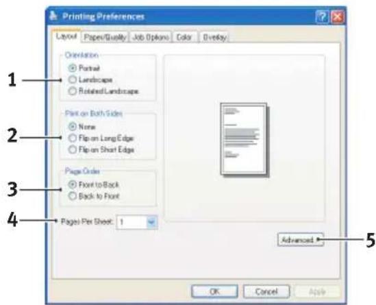 Printing Preferences Layout Paper/Quality Job Options Color Overlay Orientation Portrait Landscape Rotated/Landscape Paint on Both Sides None Flip-on Long Edge Flip-on Short Edge Page Order Front to Back Back to Front Page Per Sheet: 1 Advanced > OK Cancel Apply
