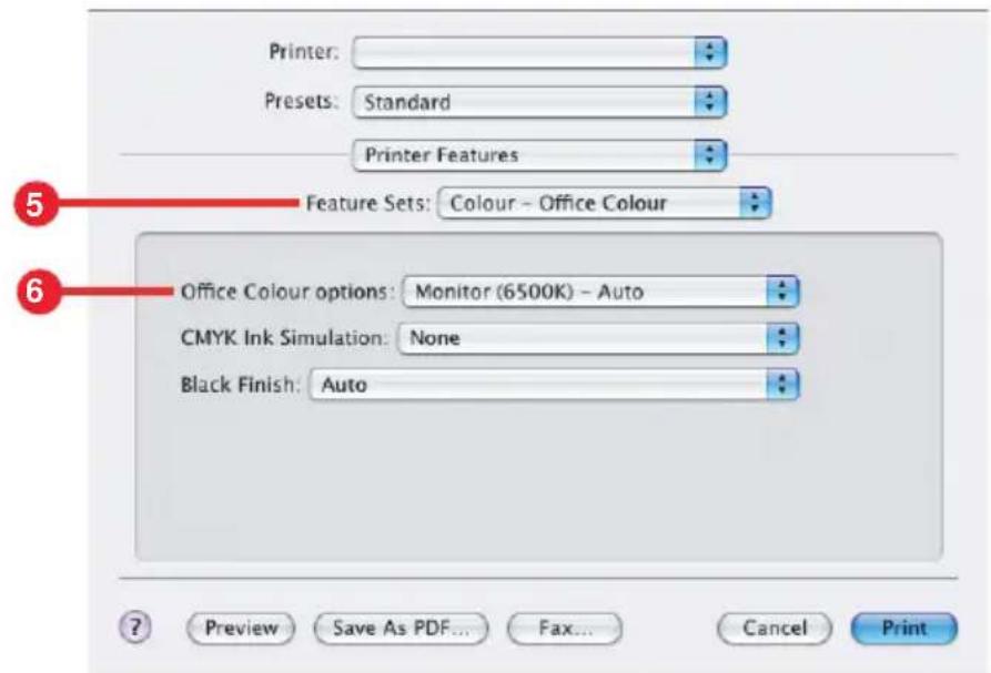 Printer: Presets: Standard Printer Features Feature Sets: Colour - Office Colour Office Colour options: Monitor (6500K) - Auto CMYK Ink Simulation: None Black Finish: Auto
