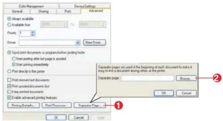 Cola Management Device Settings General Sharing Pots Advanced Always available Available from Priority 1 Driver New Driver... Spot print documents to program/inselves printing types Start printing after last page is pooled Start printing immediately Past directly to the point Host misenched documents Past pooled documents first Keep printed documents Enable advanced printing features Separate pages are used at the beginning of each document to make it easy to find a document among others at the printer. Separate page: Browse OK Cancel Separate Page Pending Details Print Preview Next Page OK Cancel