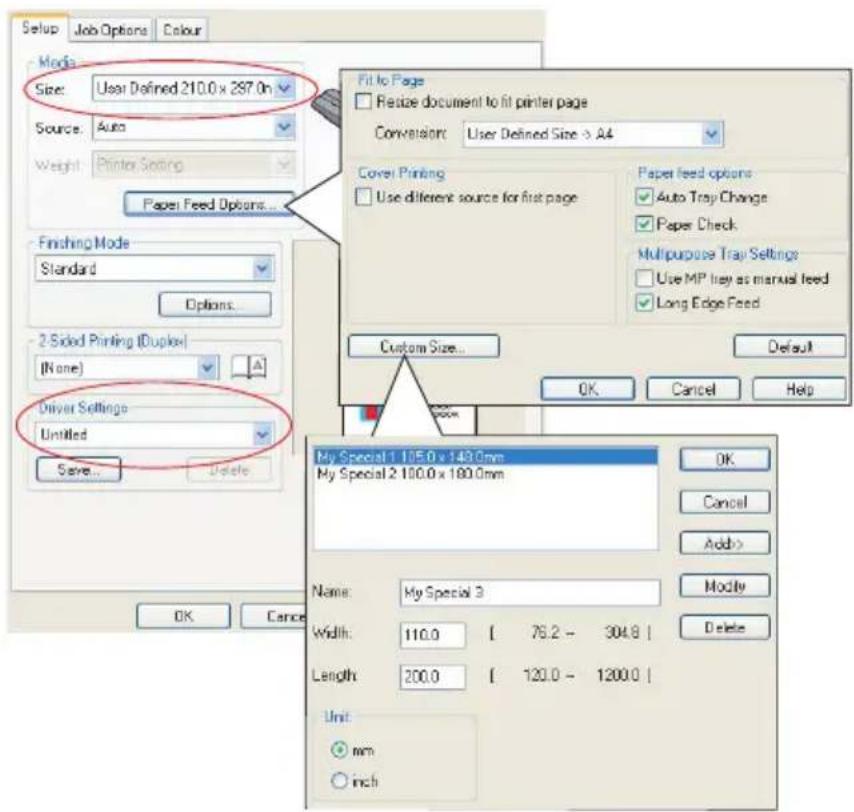 Setup Job Options Colour Mode: Size: User Defined 210.0 x 287.0m Source: Auto Weight: Printer Settings Paper Feed Options... Finishing Mode Standard Options... 2 Sided Printing (Duplex) (None) Driver Settings Untitled Save... Delete Fill to Page Resize document to fit printer page Conversion: User Defined Size > A4 Cover Printing Use different source for first page Paper feed options Auto Tray Change Paper Check Multipurpose Tray Settings Use MP tray as manual feed Long Edge Feed Custom Size... OK Cancel Help OK Cancel Add> Modify Delete Name: My Special 3 Width: 110.0 [ 76.2 - 304.8 ] Length: 200.0 [ 120.0 - 1200.0 ] Unit: mm inch