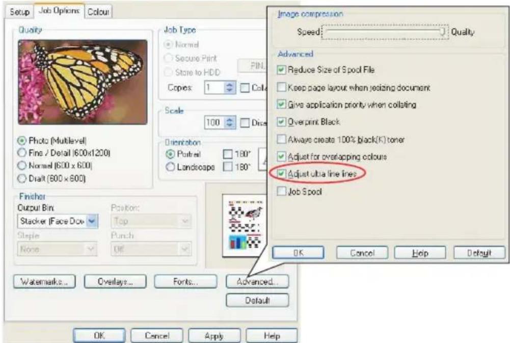 Setup Job Options Colour Quality Photo (Multilevel) Fine / Detail (600x1200) Normal (600 x 600) Draft (600 x 600) Finisher Output Bin Stacker (Face Dot) Stepie None Position: Top Punch OK Advanced... Quality Image compression Speed: 100 180° 180° Image compression Advanced Reduce Size of S pool File Keep page layout when resizing document Give application priority when collating Overprint Black Always create 100% black(K) toner Adjust for overlapping colours Adjust ultra line lines Job S pool OK Cancel Help Default Watermarks... Overlays... Fonts... Advanced... Default OK Cancel Apply Help